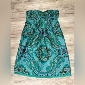 J Crew 100% Silk Strapless Dress Green/teal Boho Print Size 4